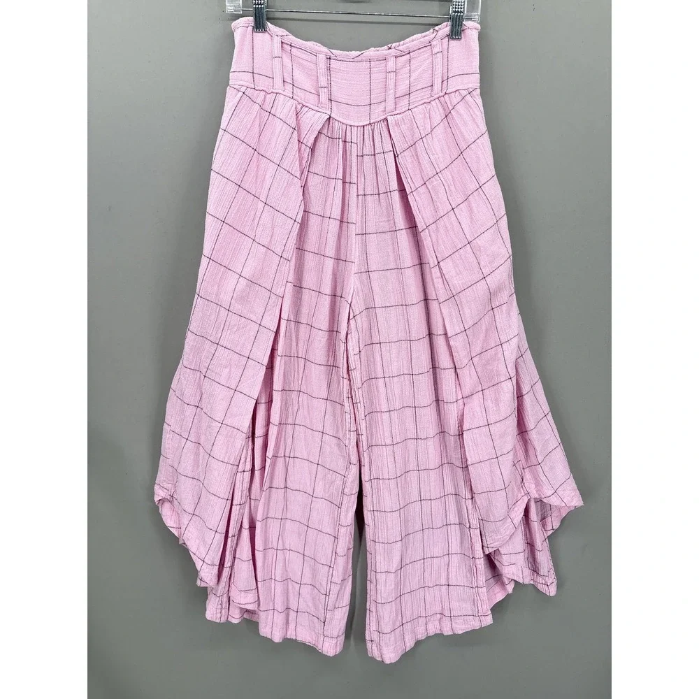 Free People Pants Small Pink Check Harem Wide Leg Lunar Cove Pleats Boho Pull On - Picture 2 of 13
